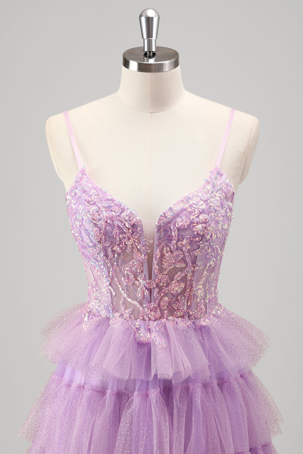Lilac Spaghetti Straps Sequins Tiered A-Line Prom Dress with Slit
