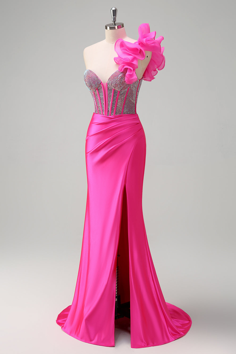 Fuchsia One Shoulder Corset Beaded Mermaid Satin Prom Dress with Slit