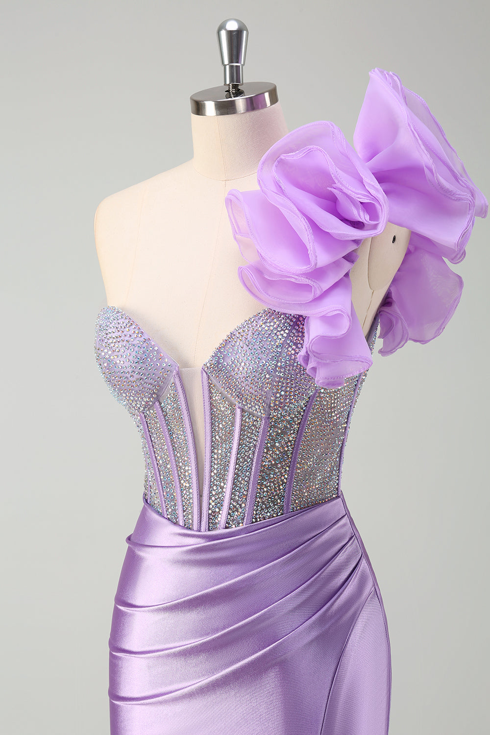 Lilac Mermaid Beaded Corset Boning One Shoulder Prom Dress with Slit