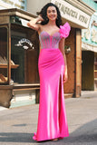Fuchsia Corset Ruffle Beaded Mermaid Satin Prom Dress with Slit