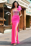 Fuchsia Corset Ruffle Beaded Mermaid Satin Prom Dress with Slit