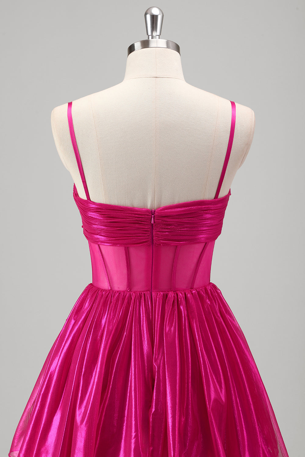 Metallic Fuchsia Corset Tiered A-Line Prom Dress with Bow