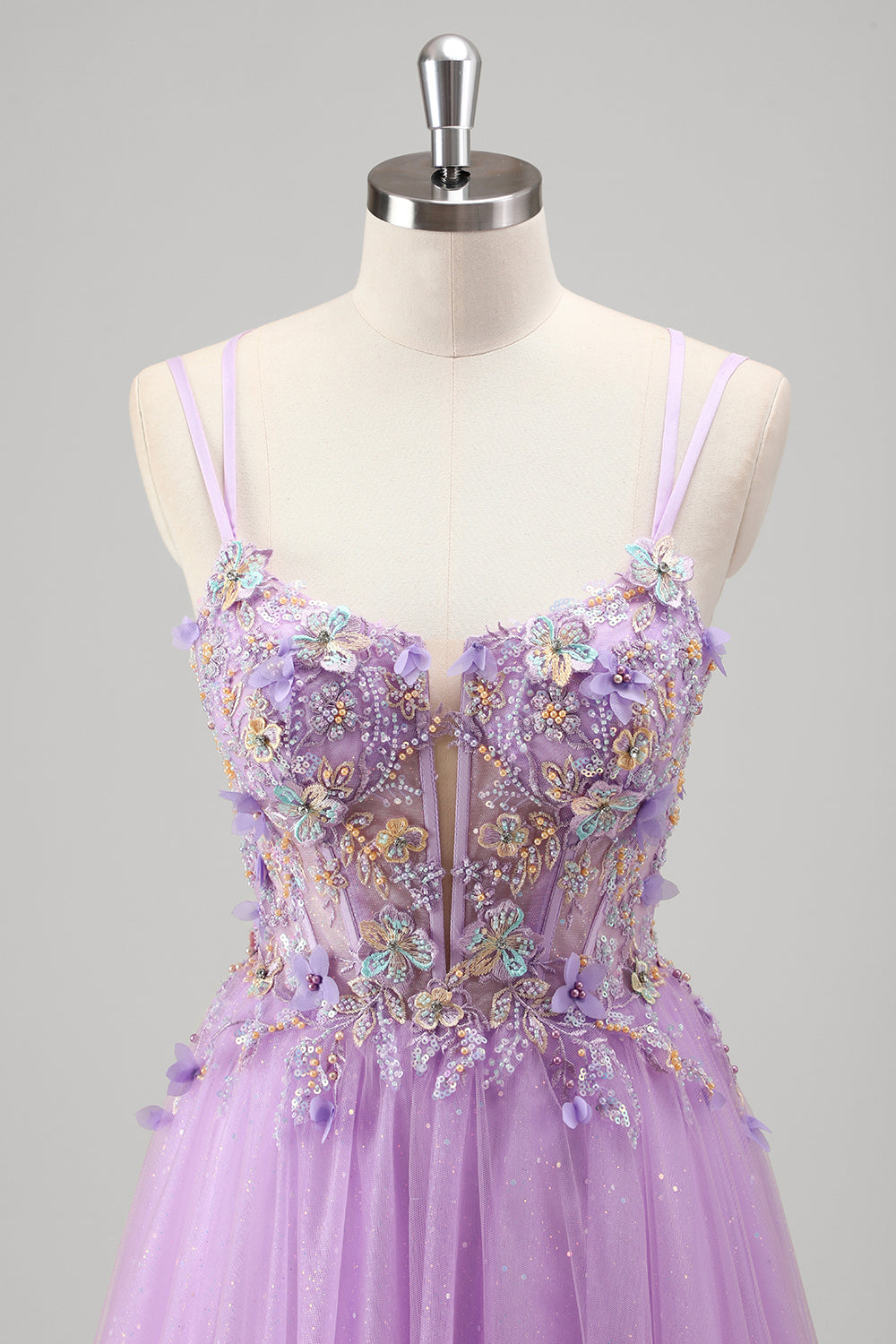 Glitter Lilac Corset Applique Tulle A-Line Prom Dress with Beading