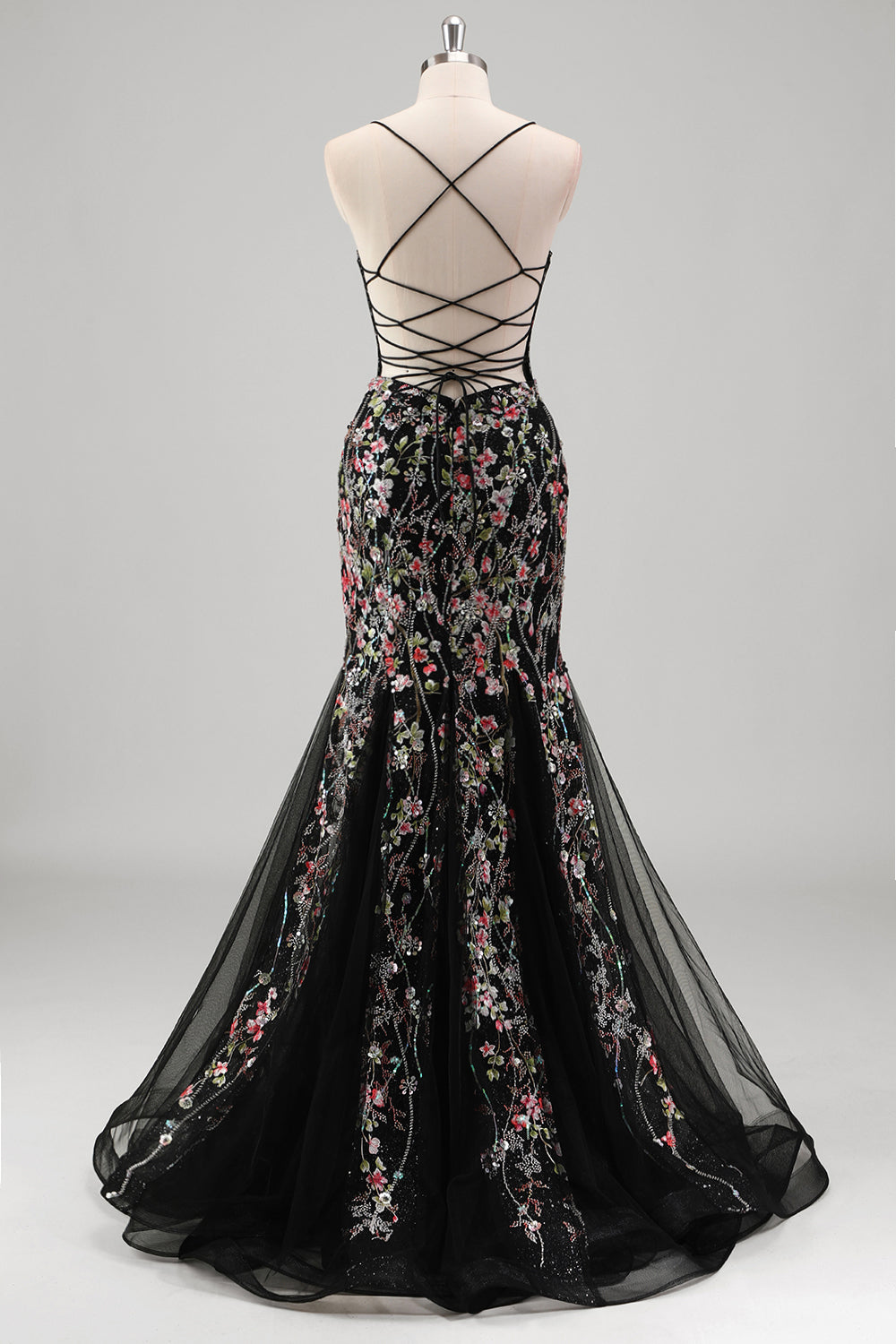 Black Spaghetti Straps Sequined Mermaid Prom Dress with Embroidery