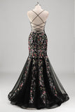 Black Spaghetti Straps Sequined Mermaid Prom Dress with Embroidery