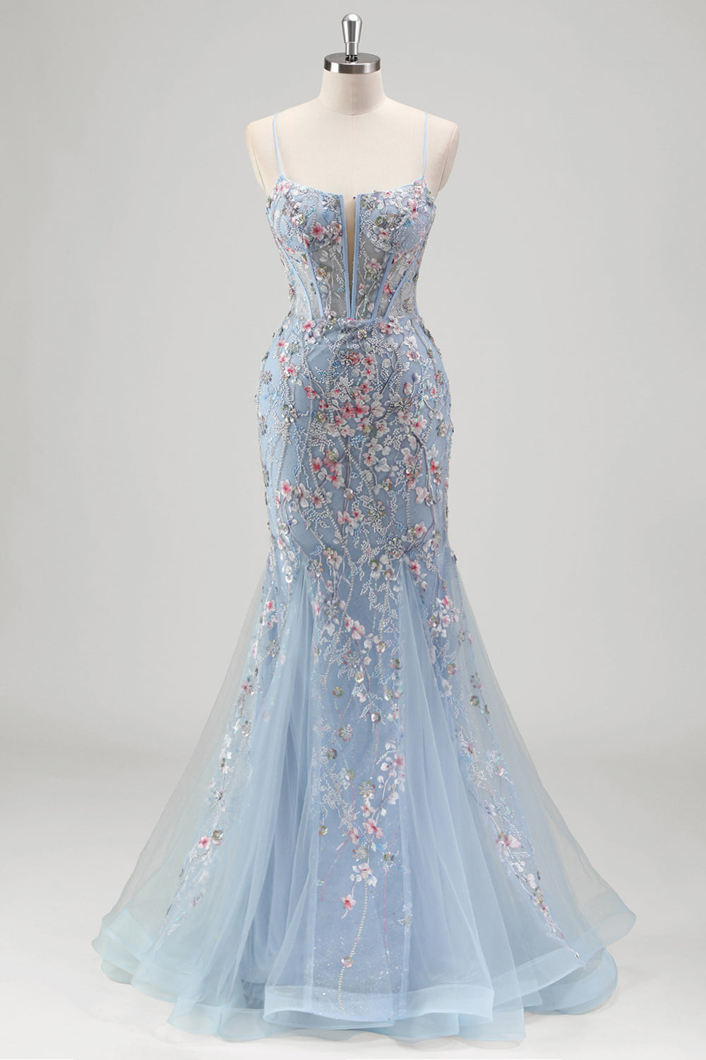 Light Blue Spaghetti Straps Corset Applique Mermaid Prom Dress