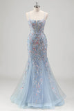 Light Blue Spaghetti Straps Corset Applique Mermaid Prom Dress