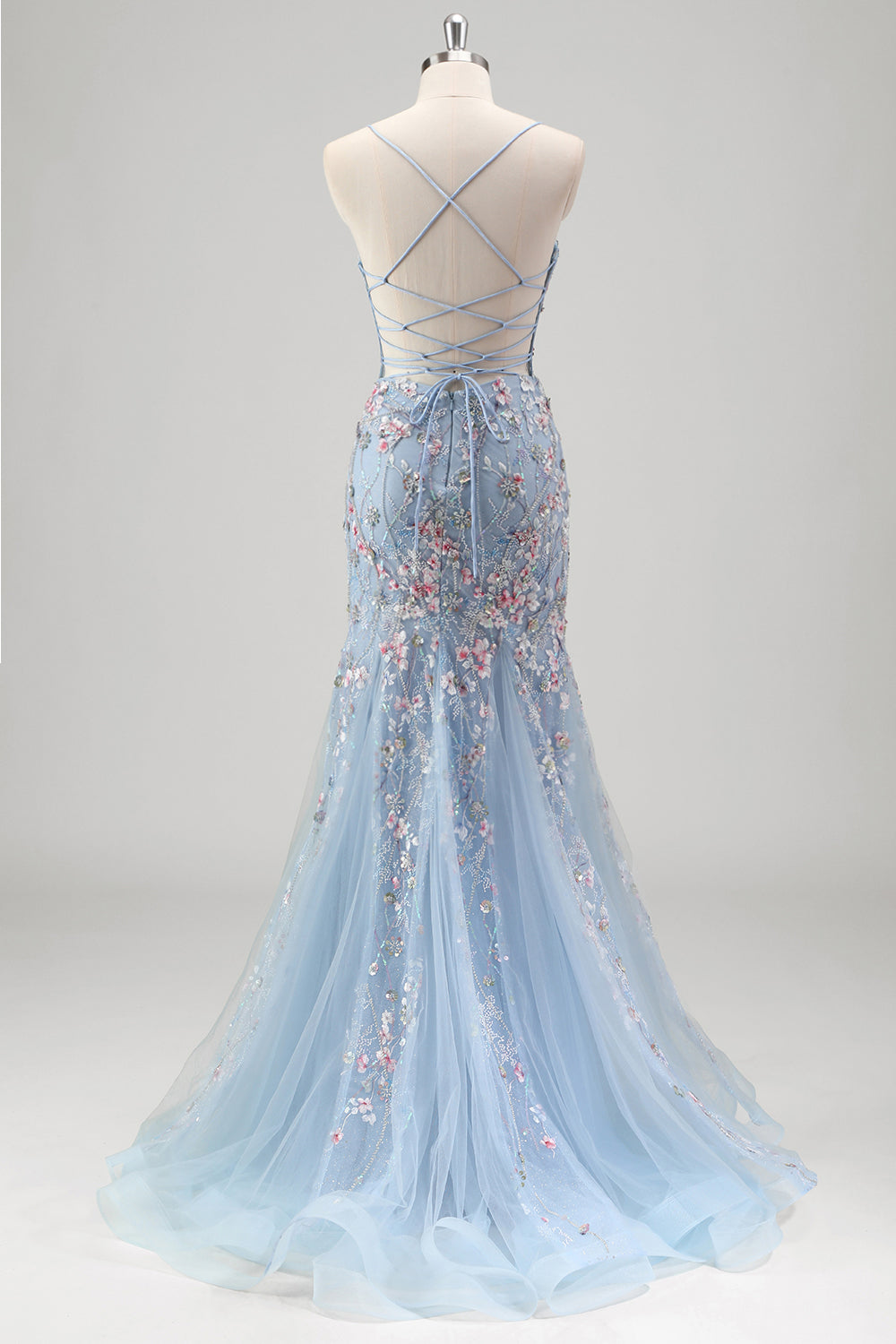 Light Blue Spaghetti Straps Corset Applique Mermaid Prom Dress