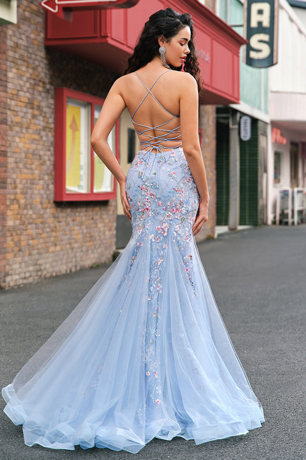 Light Blue Spaghetti Straps Corset Applique Mermaid Prom Dress