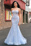 Light Blue Spaghetti Straps Corset Applique Mermaid Prom Dress