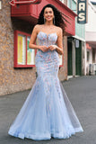 Light Blue Spaghetti Straps Corset Applique Mermaid Prom Dress