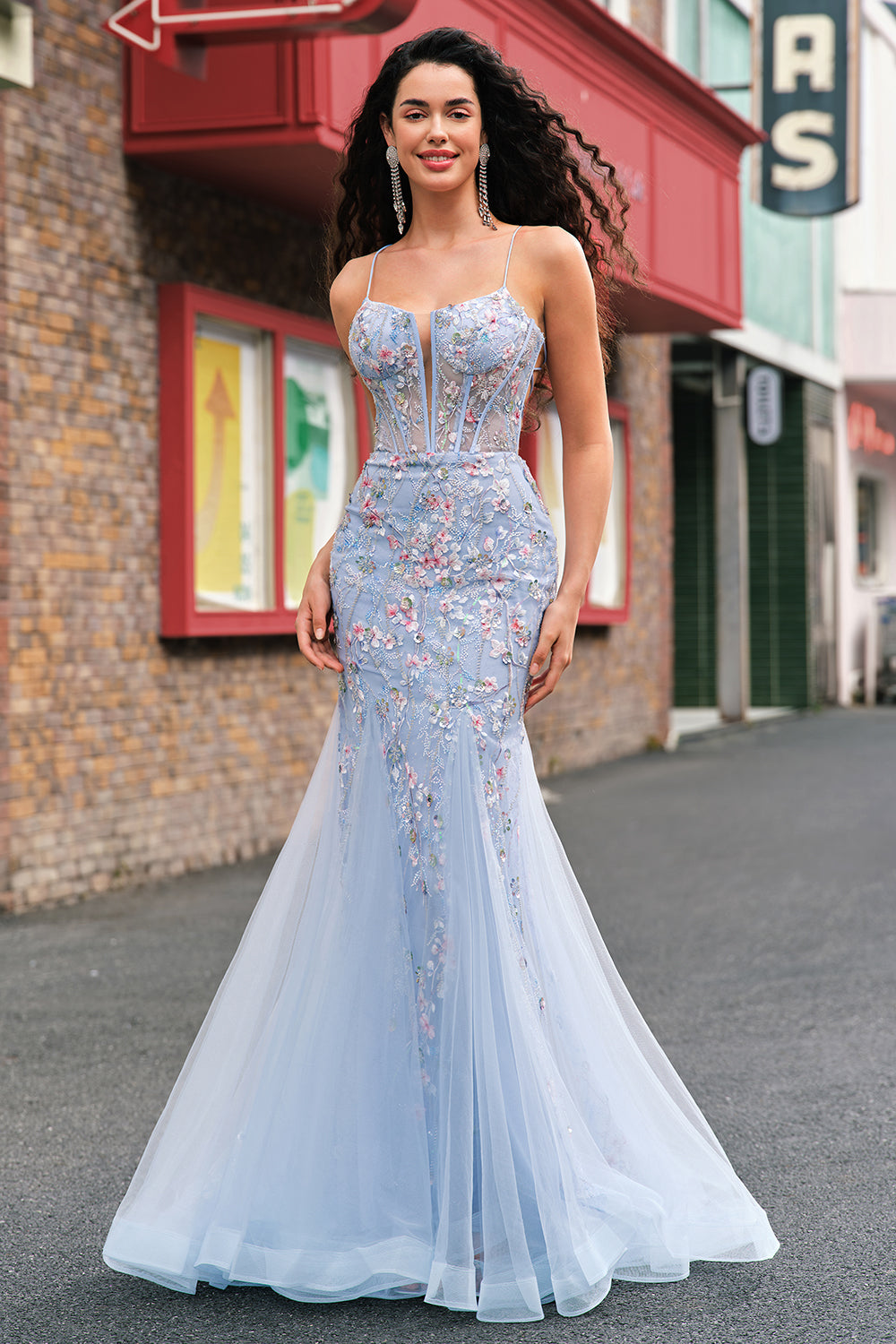 Light Blue Spaghetti Straps Corset Applique Mermaid Prom Dress