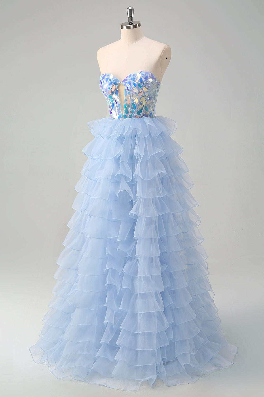 Sparkly Blue A-Line Sweetheart Corset Tiered Long Prom Dress with Ruffles
