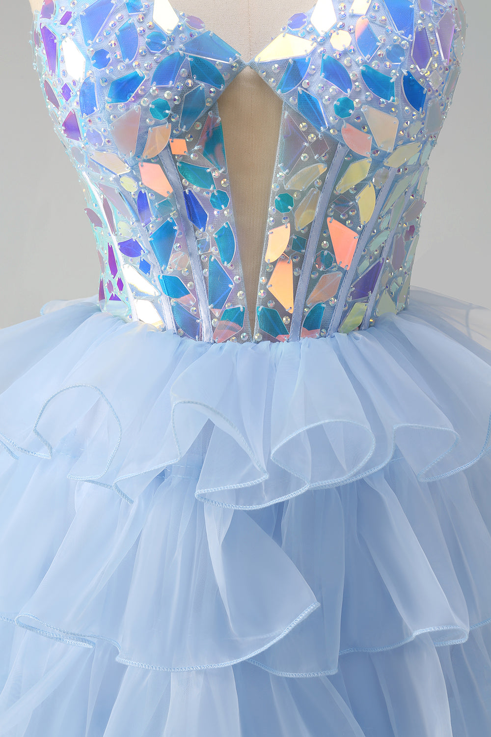 Sparkly Blue A-Line Sweetheart Corset Tiered Long Prom Dress with Ruffles