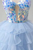 Sparkly Blue A-Line Sweetheart Corset Tiered Long Prom Dress with Ruffles