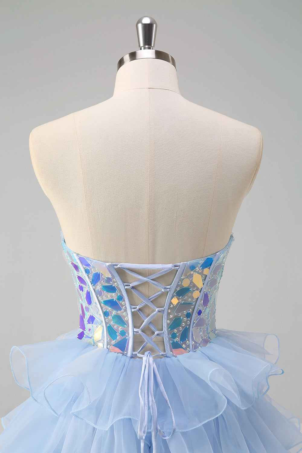 Sparkly Blue A-Line Sweetheart Corset Tiered Long Prom Dress with Ruffles