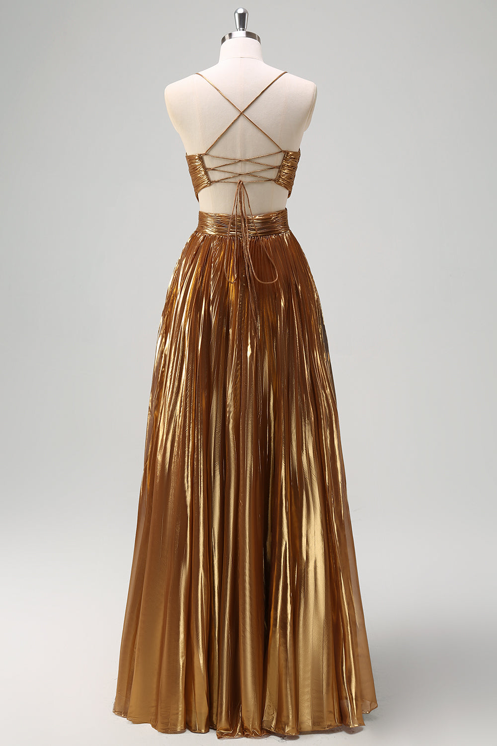 Sparkly Golden A-Line Spaghetti Straps Cut Out Pleated Metallic Prom Dress