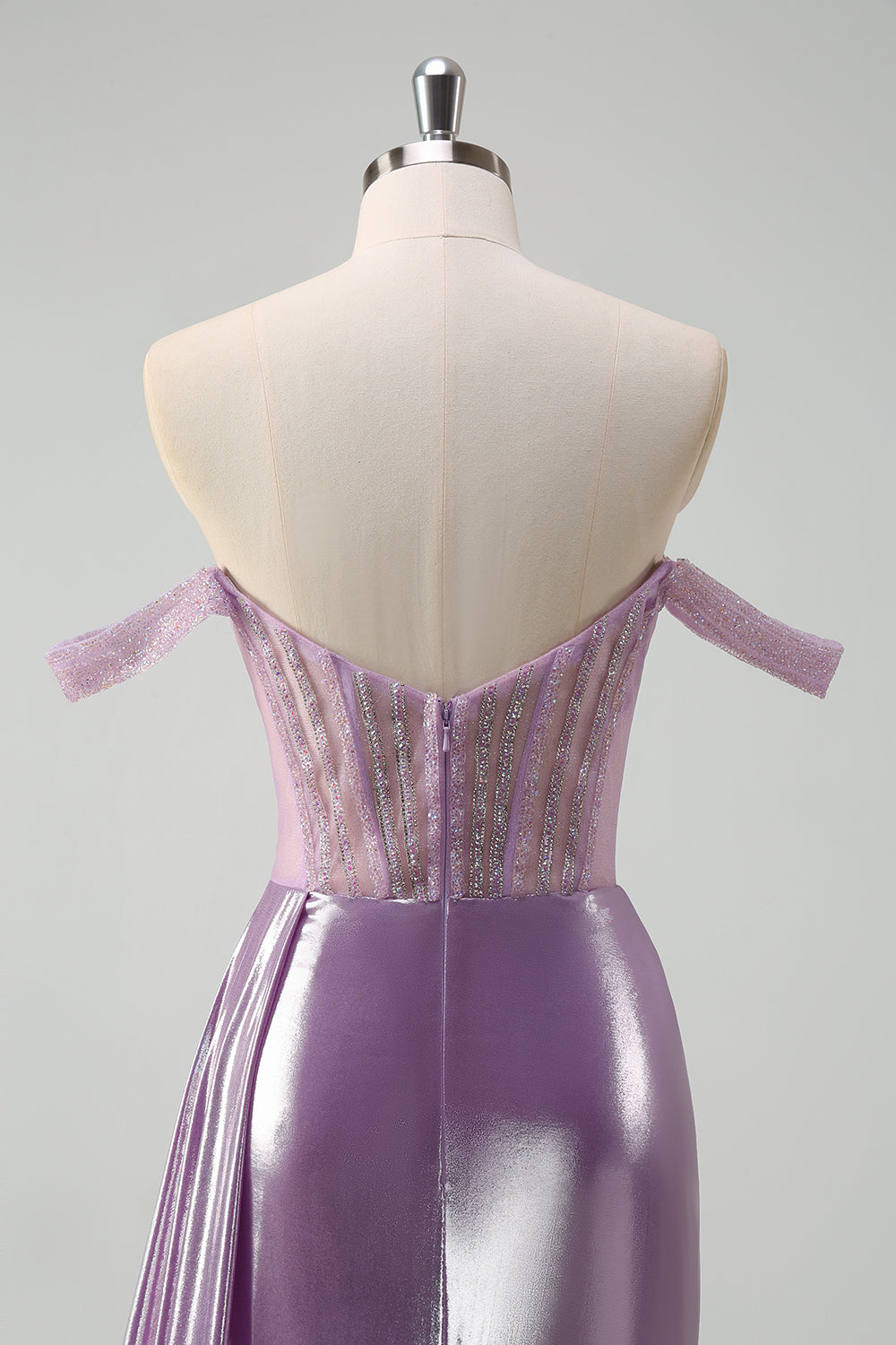 Light Purple Mermaid Corset Metallic Prom Dress with Side Cape