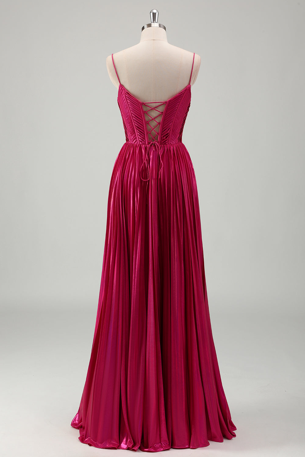 Fuchsia A Line Spaghetti Straps Corset Pleated Prom Dress with Slit