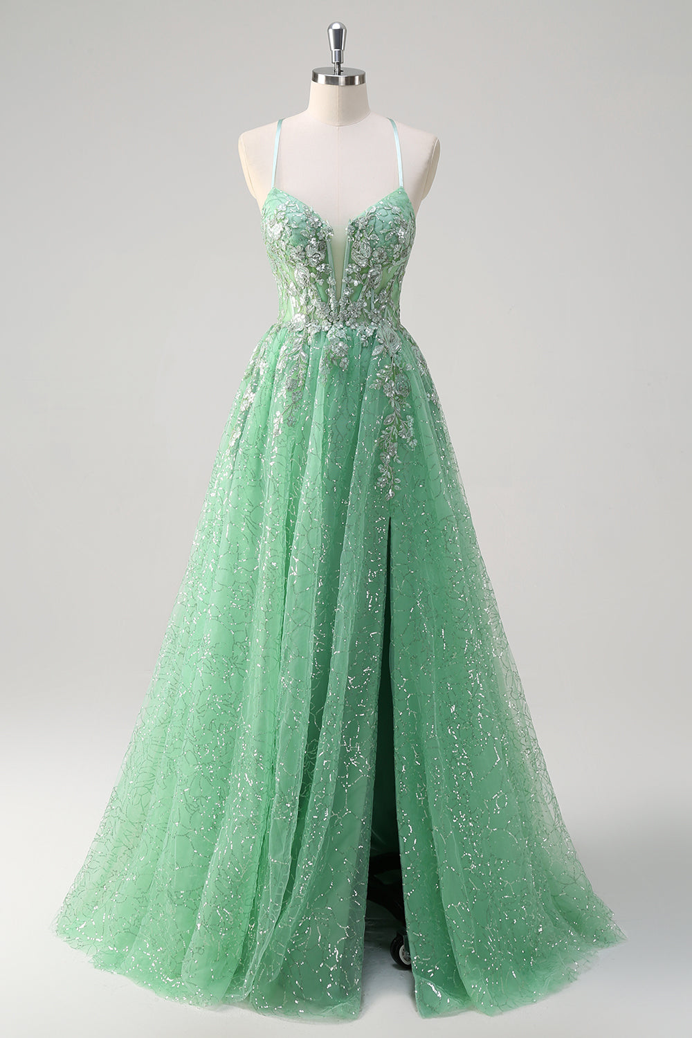 Sparkly Light Green A Line Spaghetti Straps Corset Sequined Prom Dress with Slit