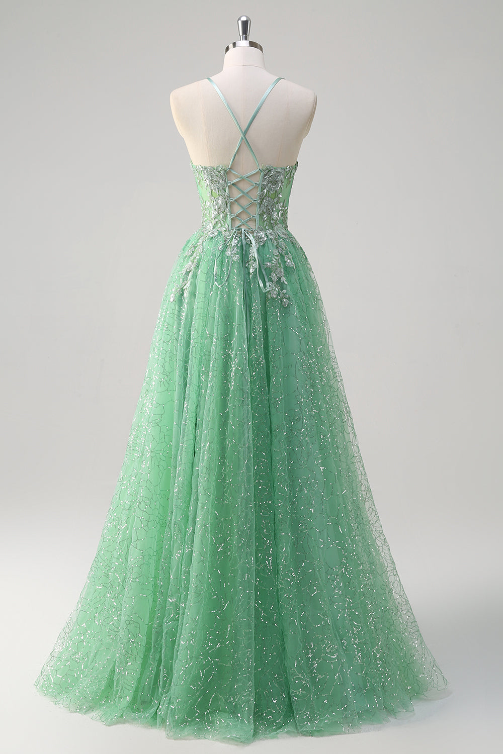 Sparkly Light Green A Line Spaghetti Straps Corset Sequined Prom Dress with Slit