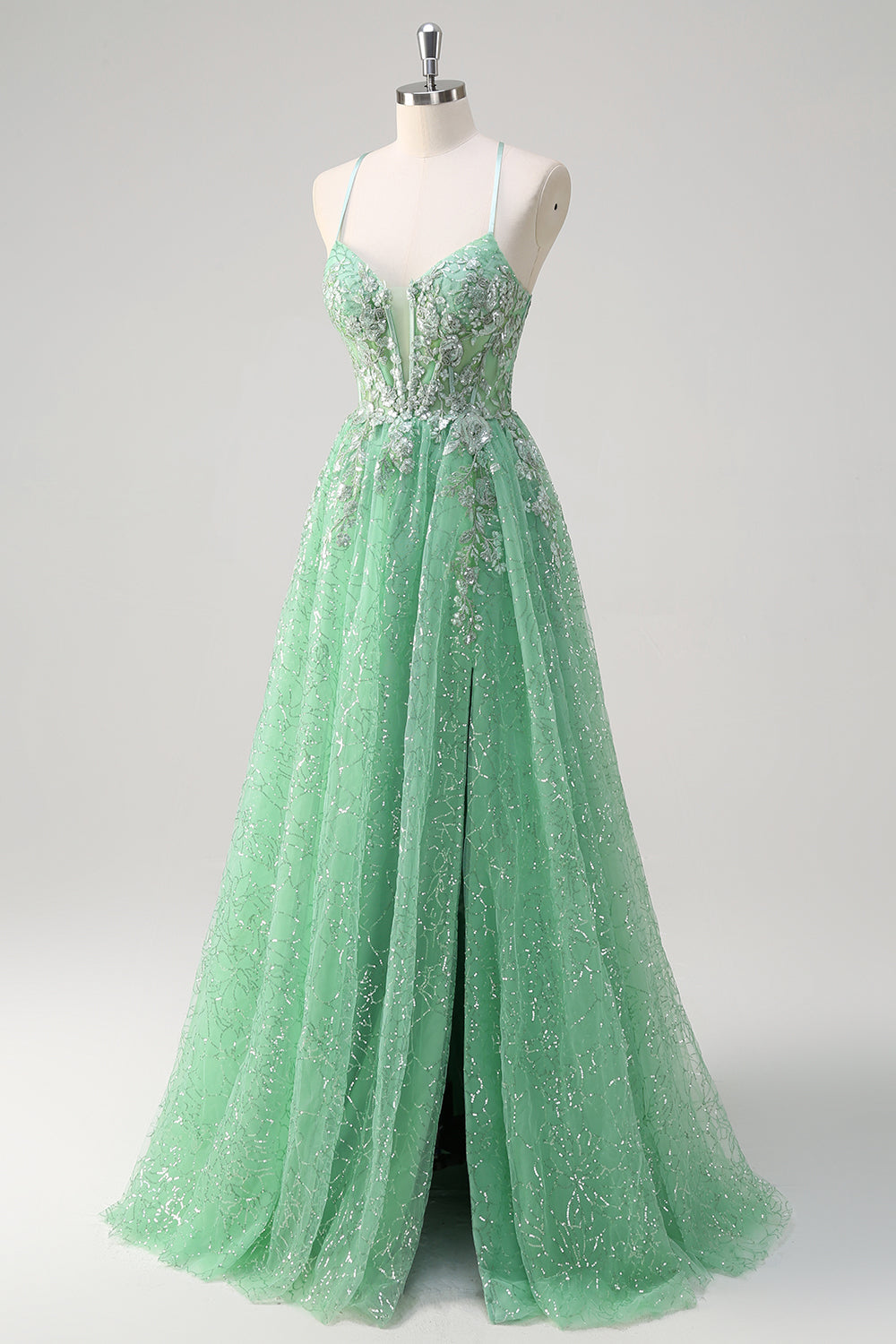 Sparkly Light Green A Line Spaghetti Straps Corset Sequined Prom Dress with Slit