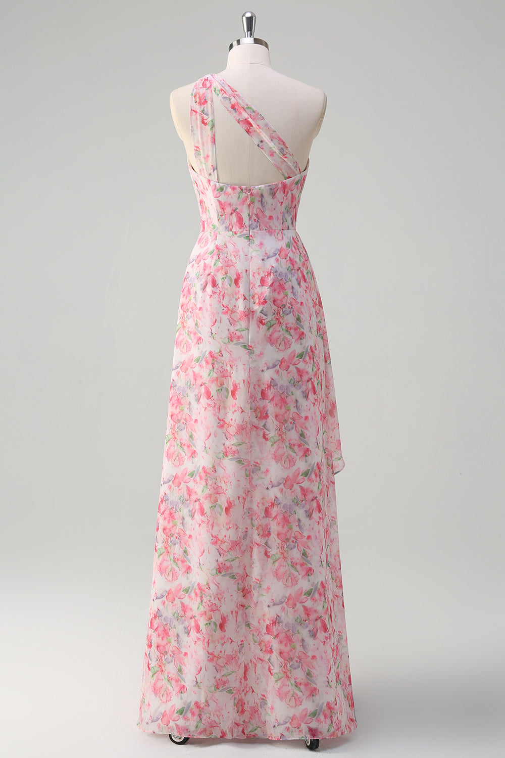 Pink One Shoulder Pleated Floral Printed Prom Dress with Slit