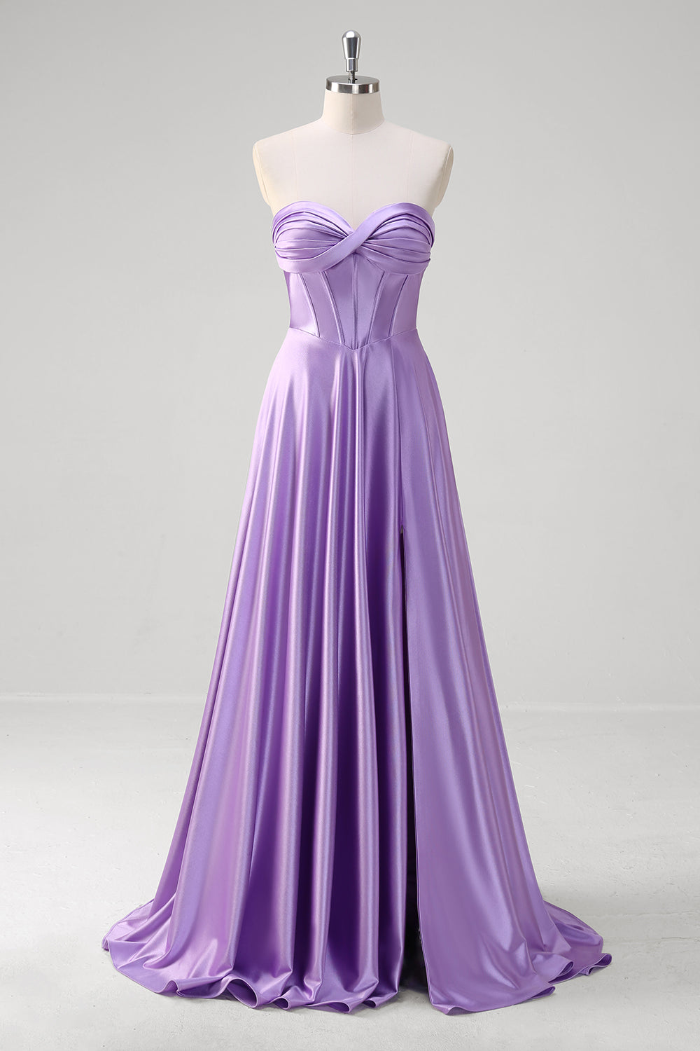 Purple Strapless Corset Satin Pleated A-Line Prom Dress with Slit