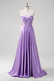 Purple Strapless Corset Satin Pleated A-Line Prom Dress with Slit