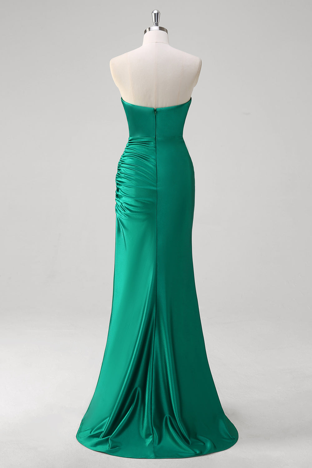 Green Strapless Mermaid Ruched Satin Prom Dress with Slit