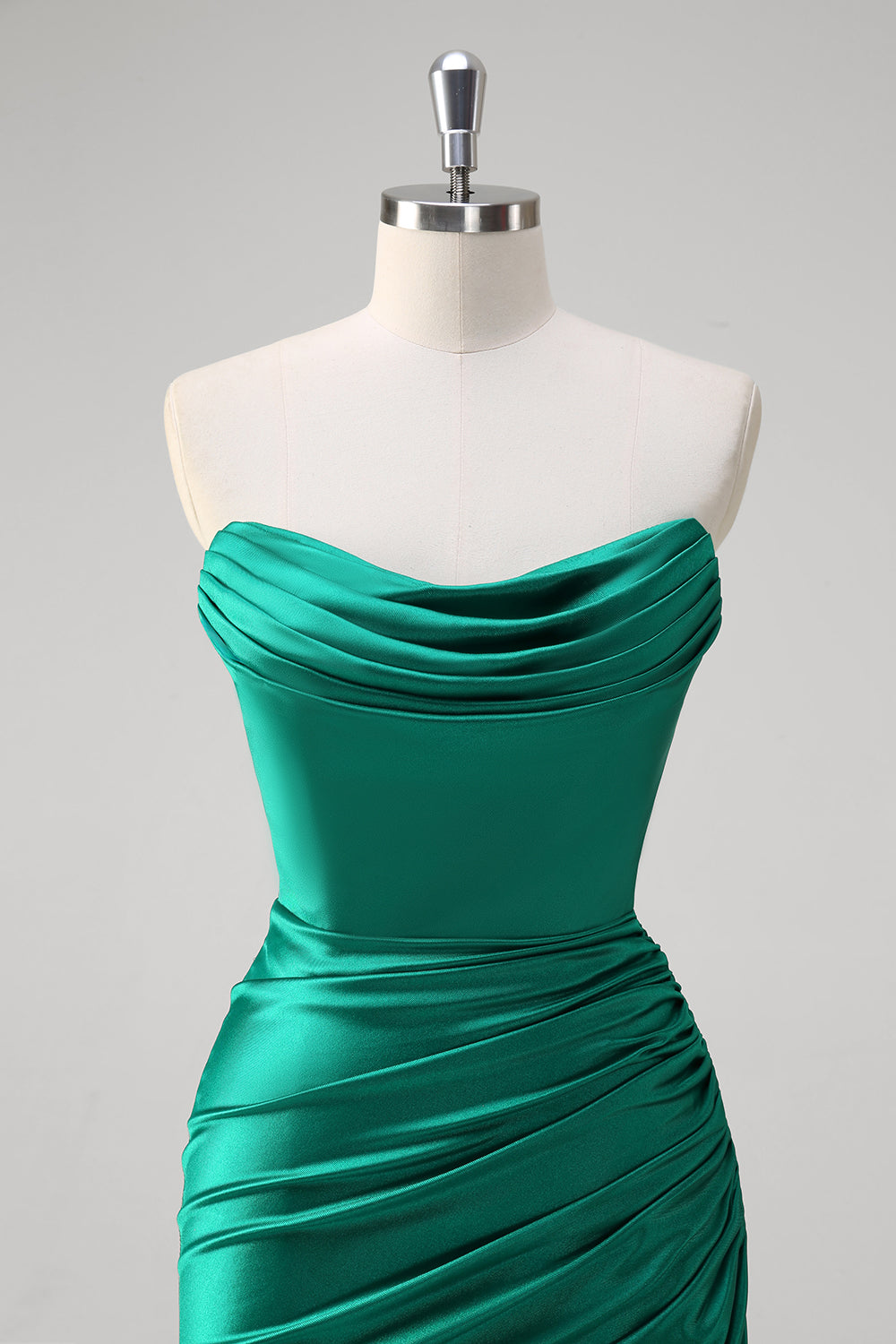 Green Strapless Mermaid Ruched Satin Prom Dress with Slit
