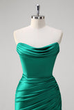 Green Strapless Mermaid Ruched Satin Prom Dress with Slit