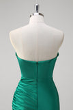 Green Strapless Mermaid Ruched Satin Prom Dress with Slit