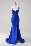 Glitter Royal Blue Sequins Beaded Mermaid Prom Dress with Slit