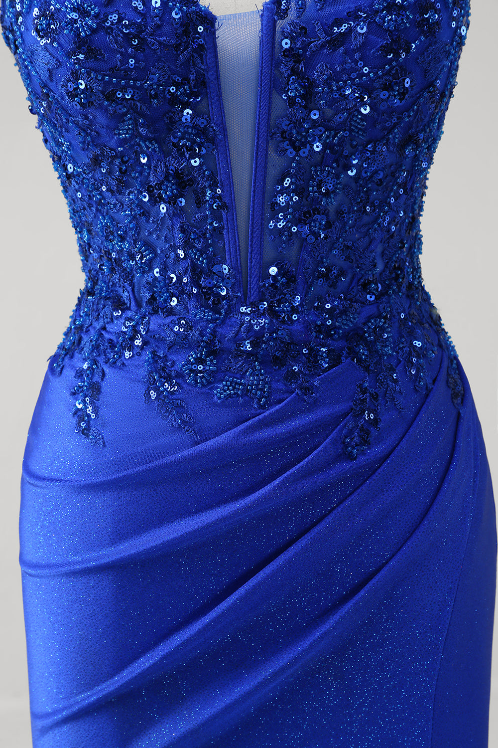 Glitter Royal Blue Sequins Beaded Mermaid Prom Dress with Slit
