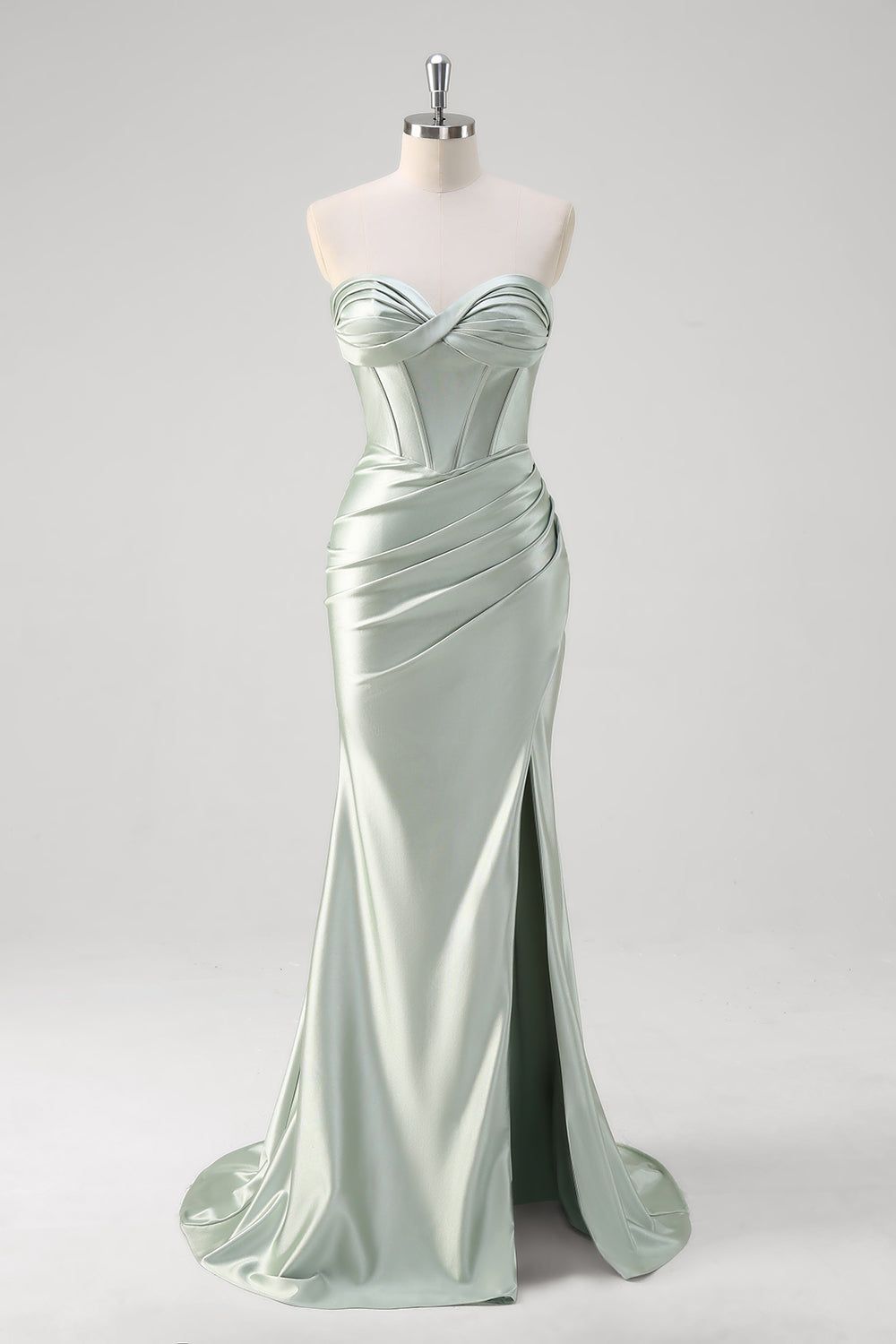 Matcha Satin Strapless Corset Mermaid Prom Dress with Slit