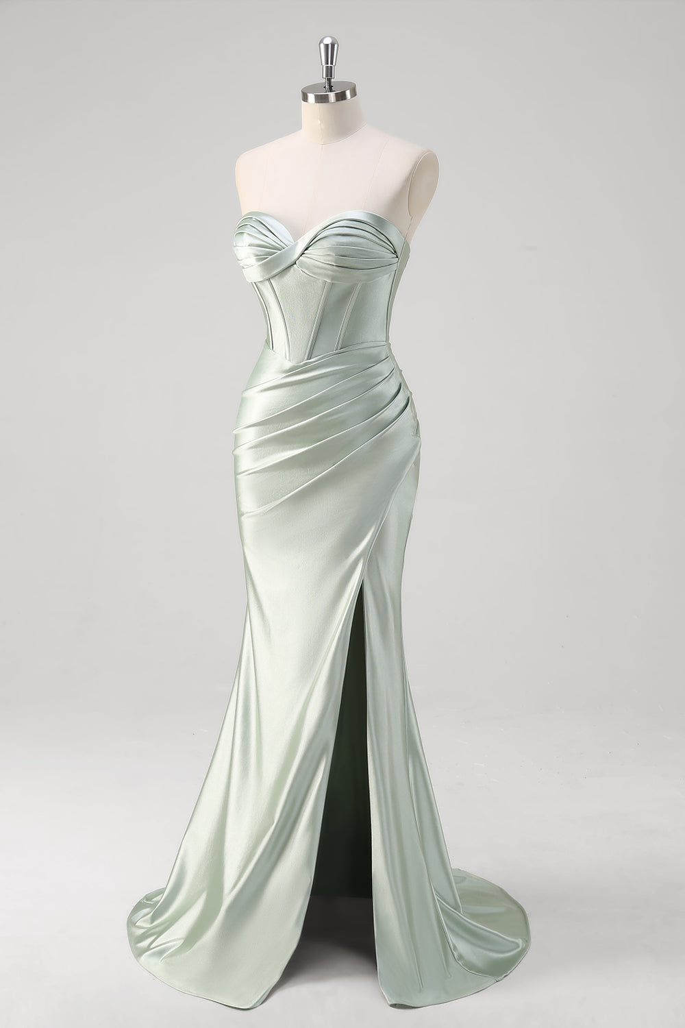Matcha Satin Strapless Corset Mermaid Prom Dress with Slit