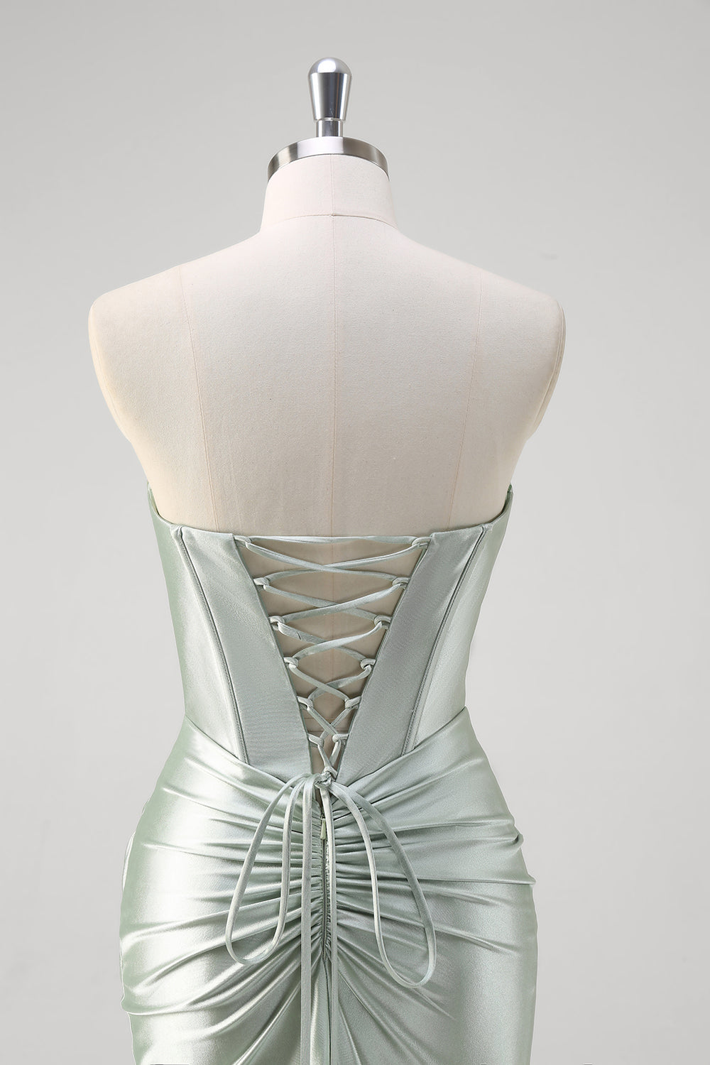 Matcha Satin Strapless Corset Mermaid Prom Dress with Slit