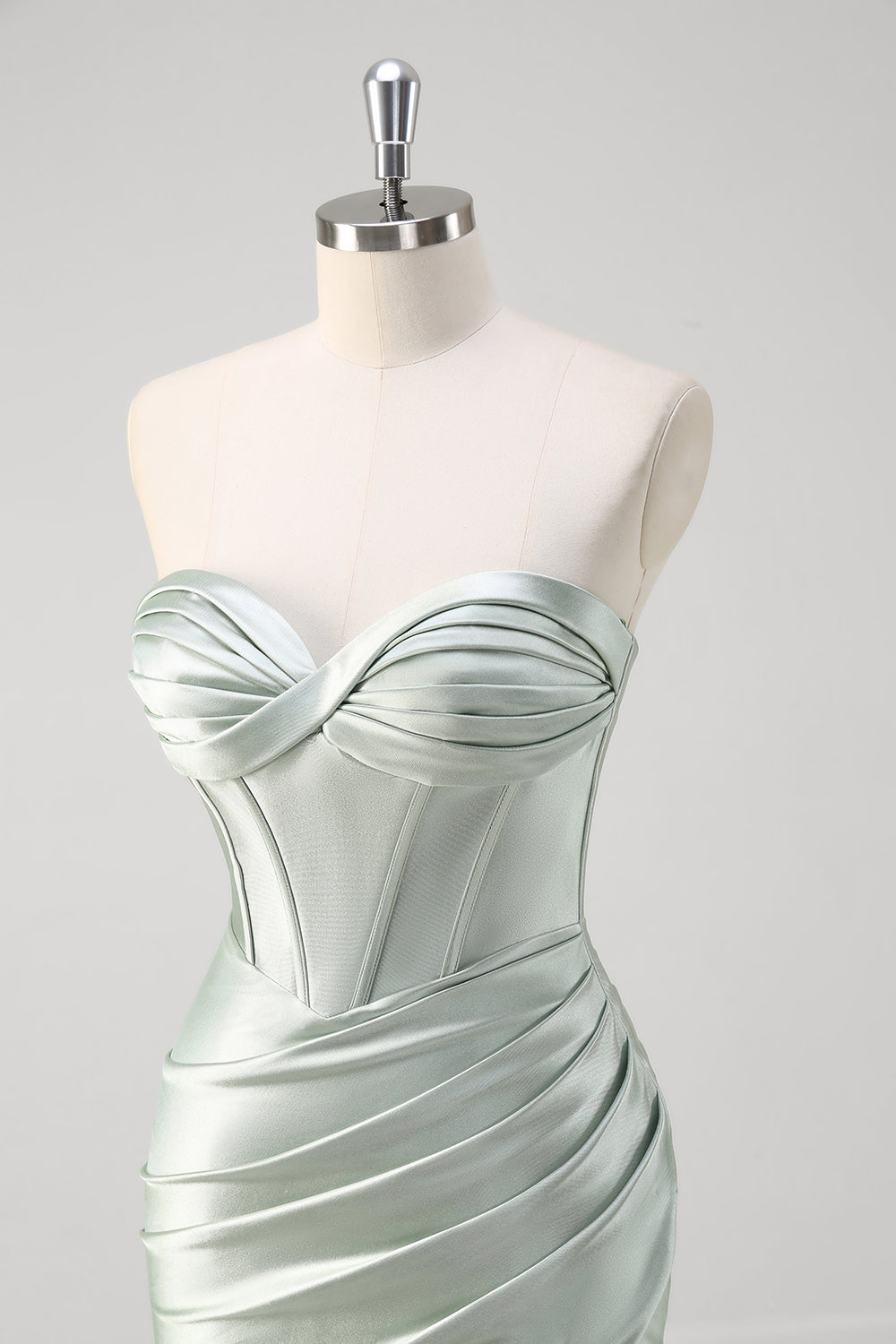 Matcha Satin Strapless Corset Mermaid Prom Dress with Slit