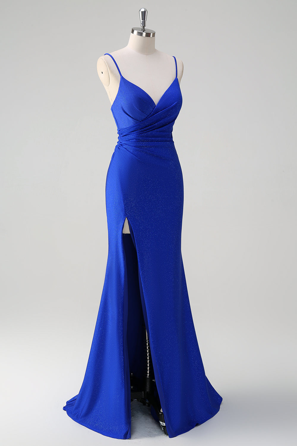 Glitter Royal Blue Mermaid Spaghetti Straps Long Prom Dress With Slit