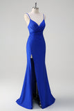 Glitter Royal Blue Mermaid Spaghetti Straps Long Prom Dress With Slit
