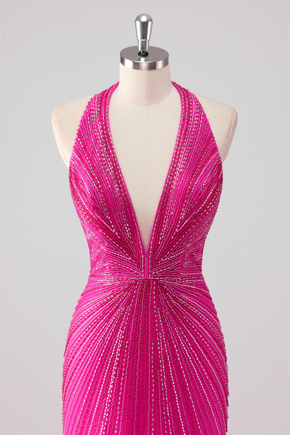 Glitter Halter Fuchsia Beaded Mermaid Prom Dress with Slit