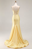 Sparkly Yellow Mermaid Beaded Cut Out Long Prom Dress with Slit