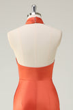 Orange Halter Satin Blackless Mermaid Bridesmaid Dress