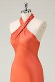 Orange Halter Satin Blackless Mermaid Bridesmaid Dress