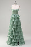 Dusty Sage Corset Tiered A-Line Bridesmaid Dress with Slit