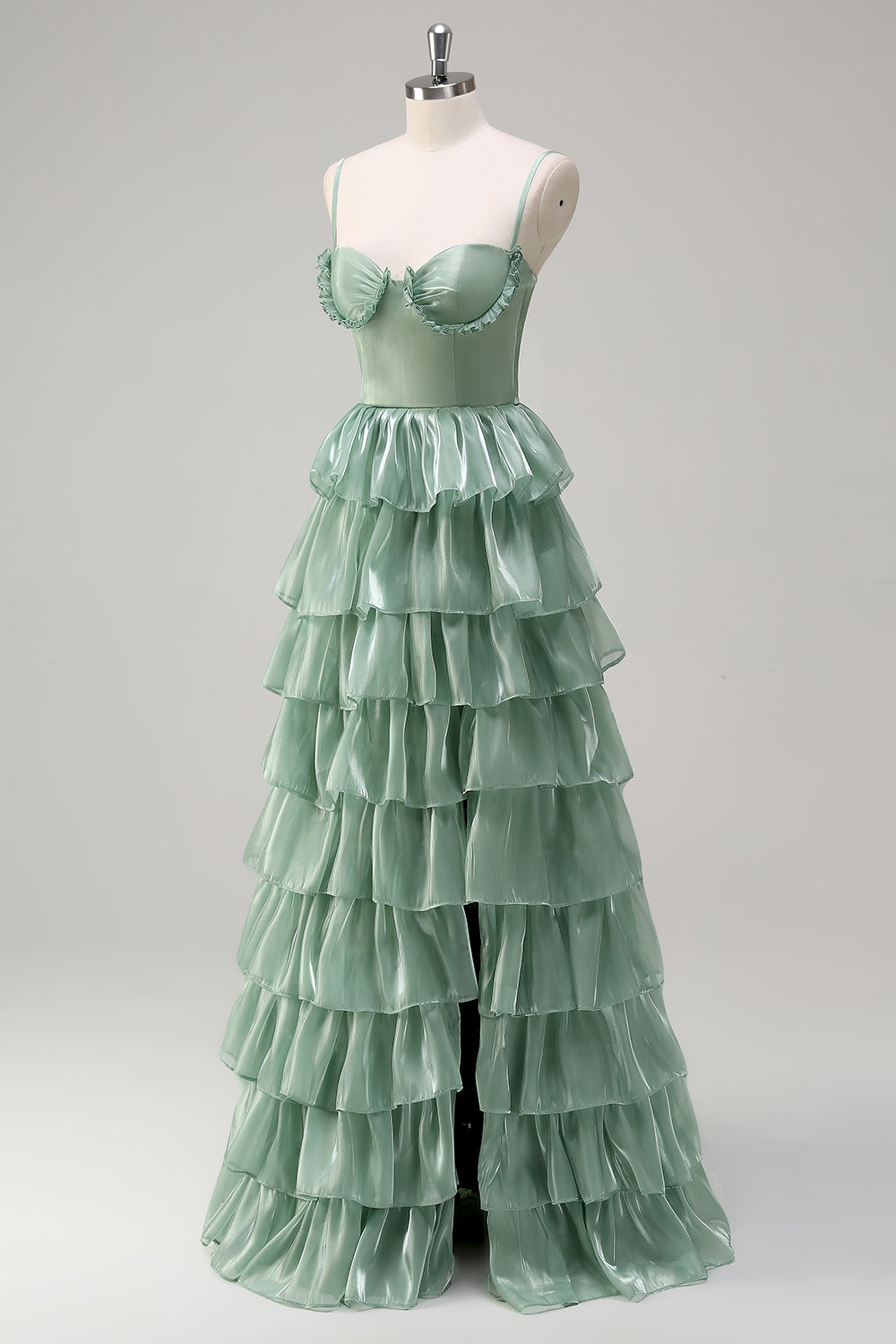 Dusty Sage Corset Tiered A-Line Bridesmaid Dress with Slit