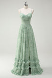 Green Flower Corset A-Line Floral Bridesmaid Dress with Slit