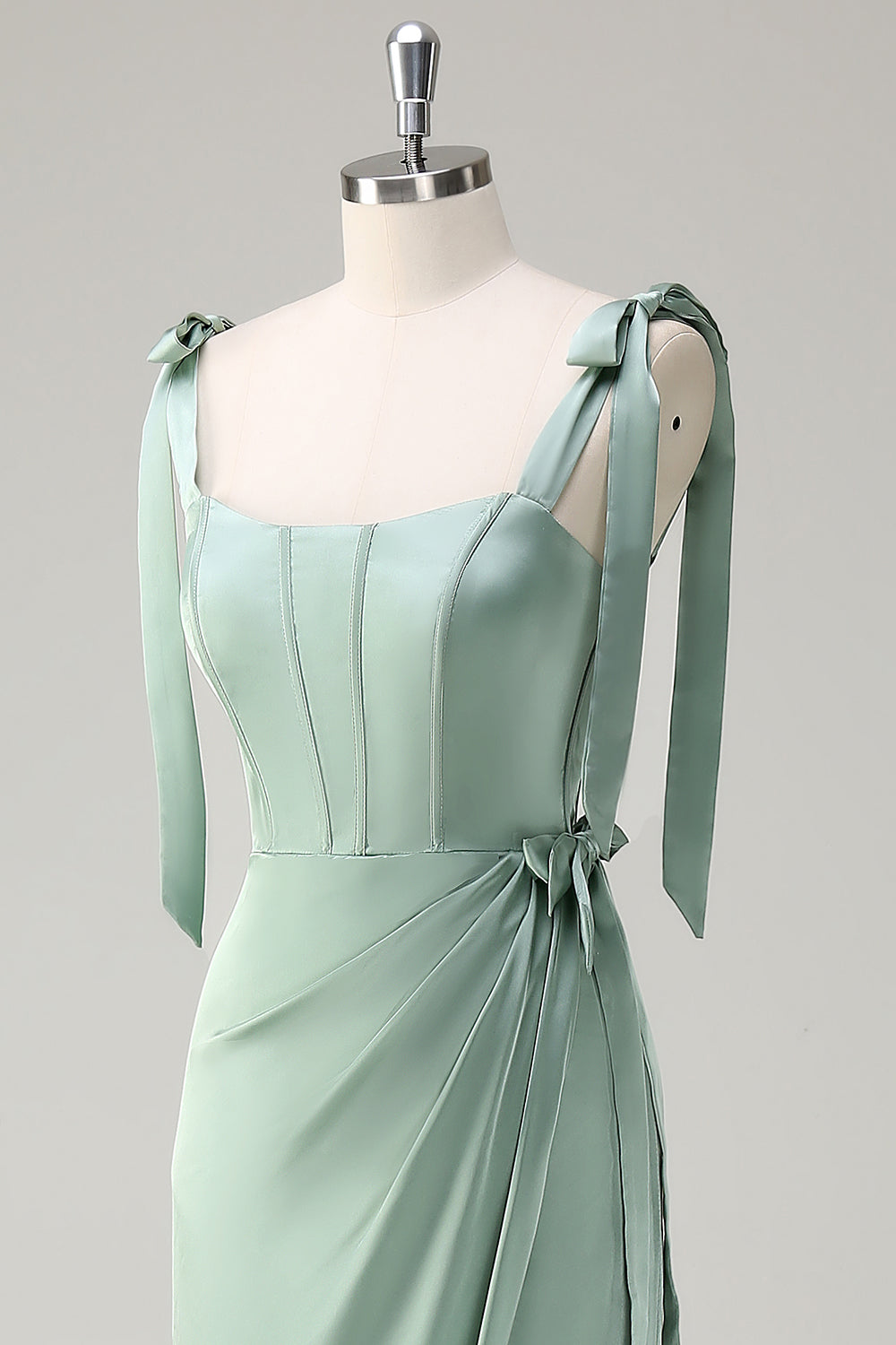 Sage Off the Shoulder Sheath Bow Satin Bridesmaid Dress with Slit