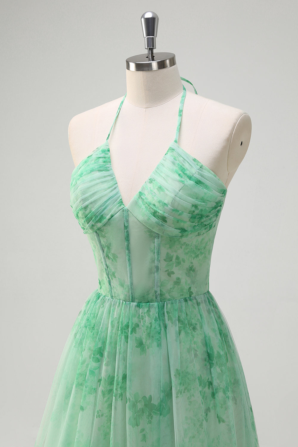 Green Halter Ruffled A-Line Floral Bridesmaid Dress with Slit